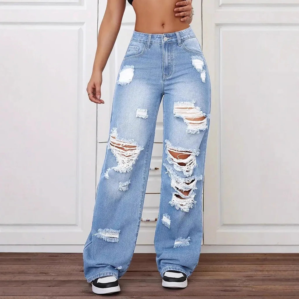 Jean femme taille haute déchiré – Coupe wide leg streetwear