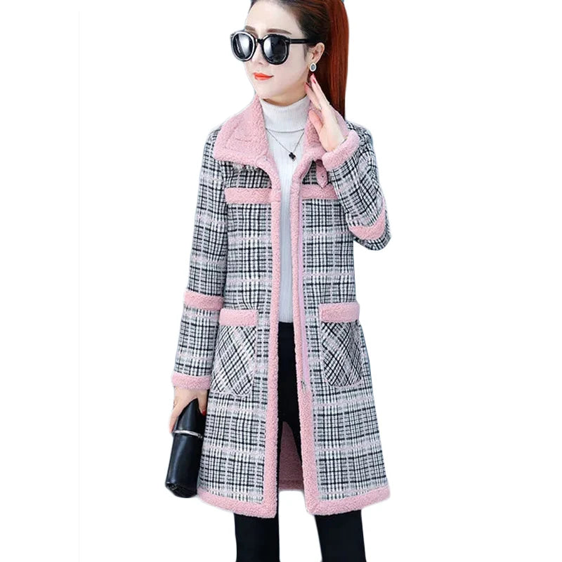 Manteau Long Laine Femme À Carreaux – Grande Taille Chaud Hiver Slim