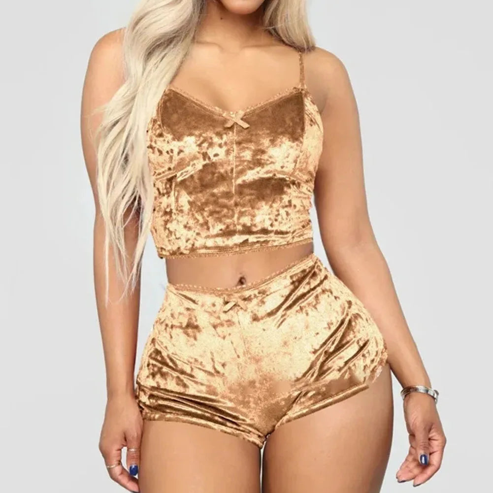 Women's Velvet Polyester Comfortable V-neck Underwear Setcamisole+shorts Pajamas Set Home Clothes Sleeveless Shorts