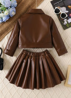 Children's Clothing for Girls, Spring and Autumn Stylish Pu Jacket and Versatile Short Skirt Two-Piece Set, New Fashion Street Style Cool Half Skirt, Easy to Clean, New Versatile Pu Leather Outfit