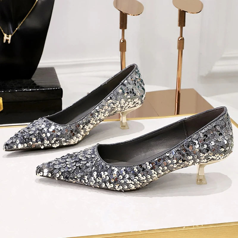 Escarpins Paillettes Femme – Talon Chaton 4,5cm Luxe Banquet Mariage
