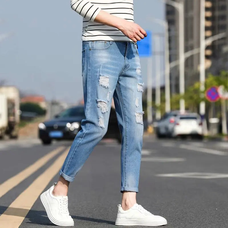 Men's Summer Thin Loose Straight Leg Jeans Casual Nine Point Ankle-Length Torn Elastic Cotton Denim Youth Fashion Wear