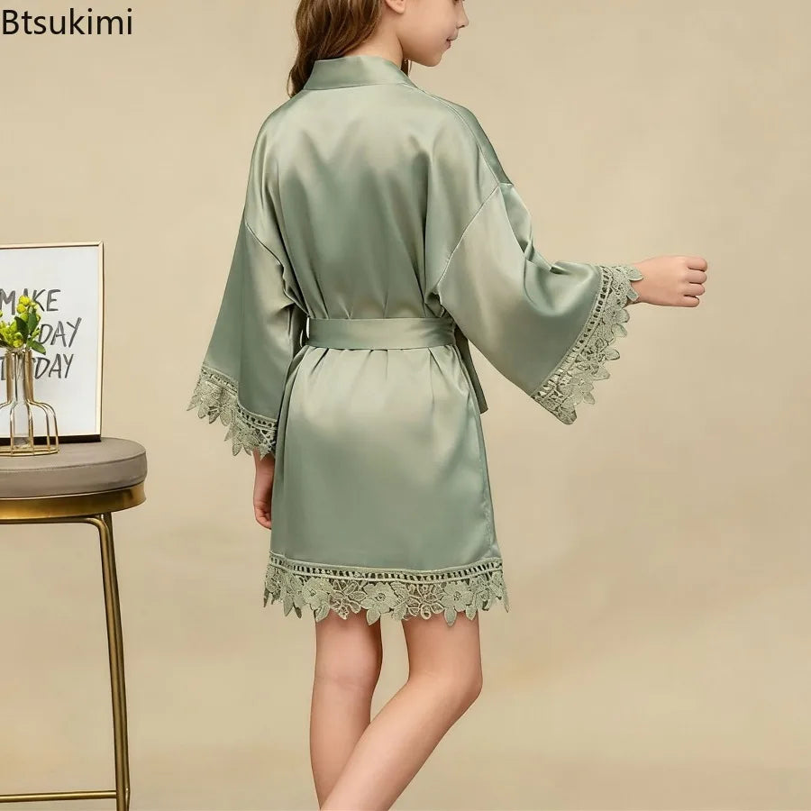 Children's Ice Silk Pajama Robe Solid Color Matte Lace Morning Robe Pajama Smooth Soft Comfortable Casual Child Sleeping Robe