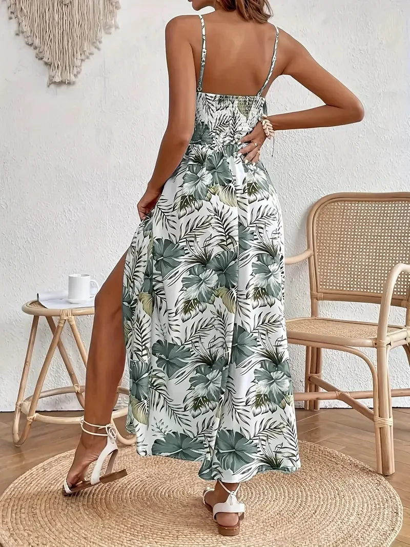 Robe Femmes V-neck Suspender Bohemian Style Fashion Printed Hem Slit Loose Dress Womens Summer New Beach Resort Style Long Skirt