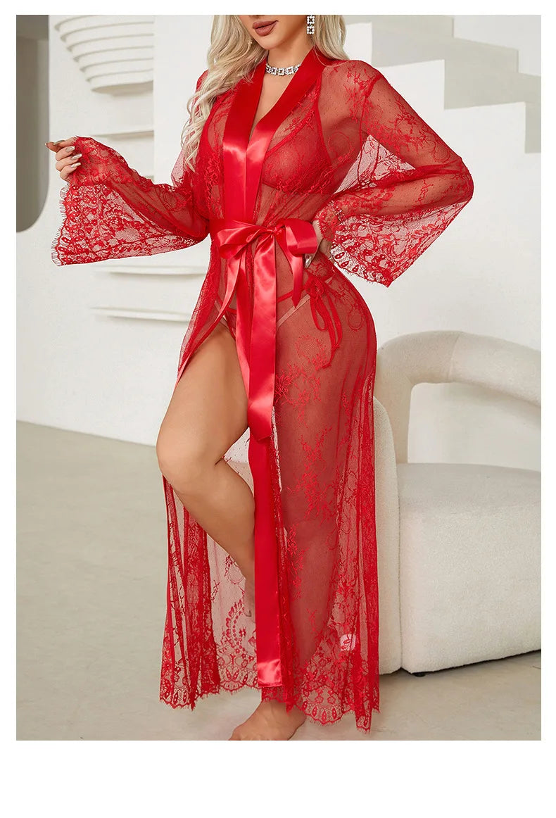 Women's Sheer Lace Robe Sexy See Through Nightgown with Jacquard Lace Floral Trim Satin Lounge Dress for Kimono Robe Home Wear