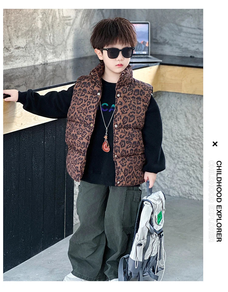 New Fashion Baby Boy Girl Leopard Print Sleeveless Vest Elegant Kids Children Winter Waistcoat Age 2 3 4 5 6 7 8 9 10 11 Years