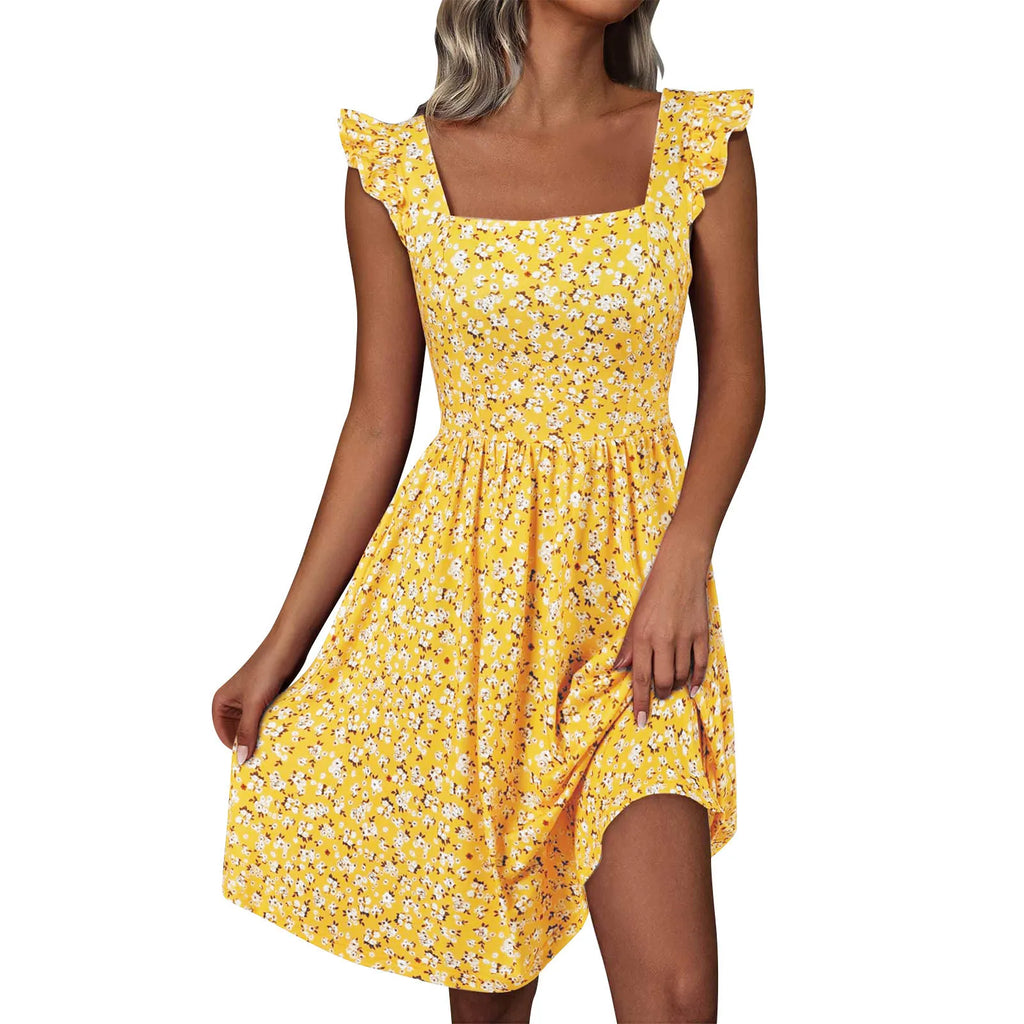 Women's Clothing Hot-selling Square Collar Sweet Floral Print Ruffled Knee-length Beach Skirt