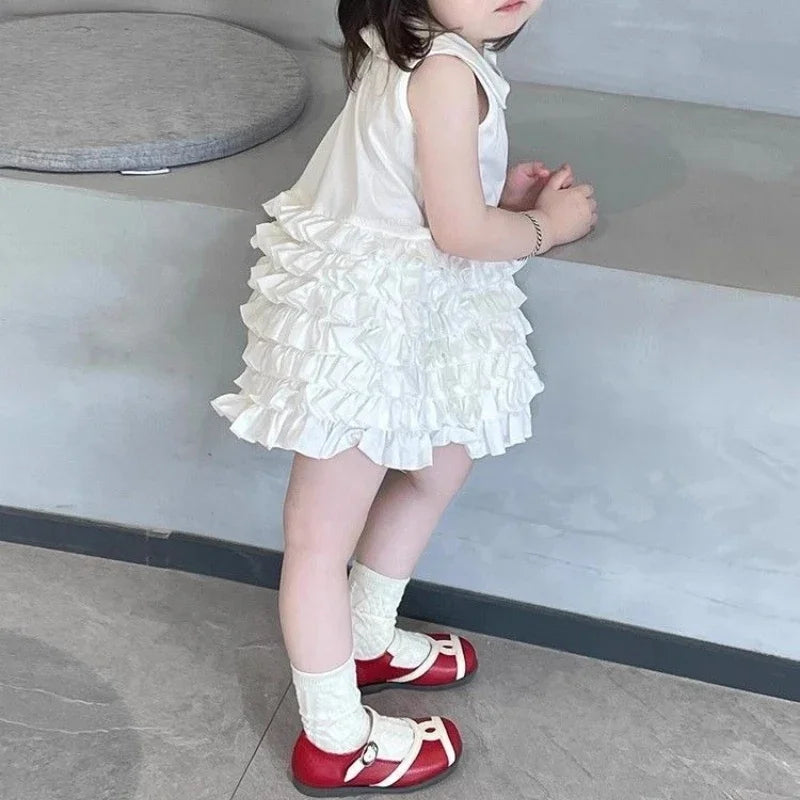 Children's Clothing 2025 Summer New Sweet White POLO Collar Vest Skirt Girls' Patchwork Pleated Cake