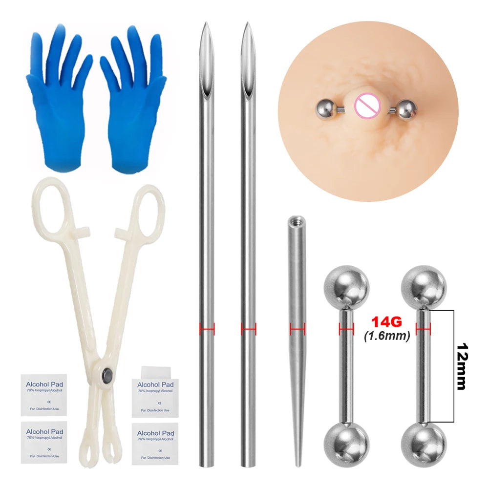 Body Piercing Kit Surgical Steel Threaded Taper Pin Needles Lip Nose Tongue Cartilage Eyebrow Navel Piercing Jewelry Tool Pliers