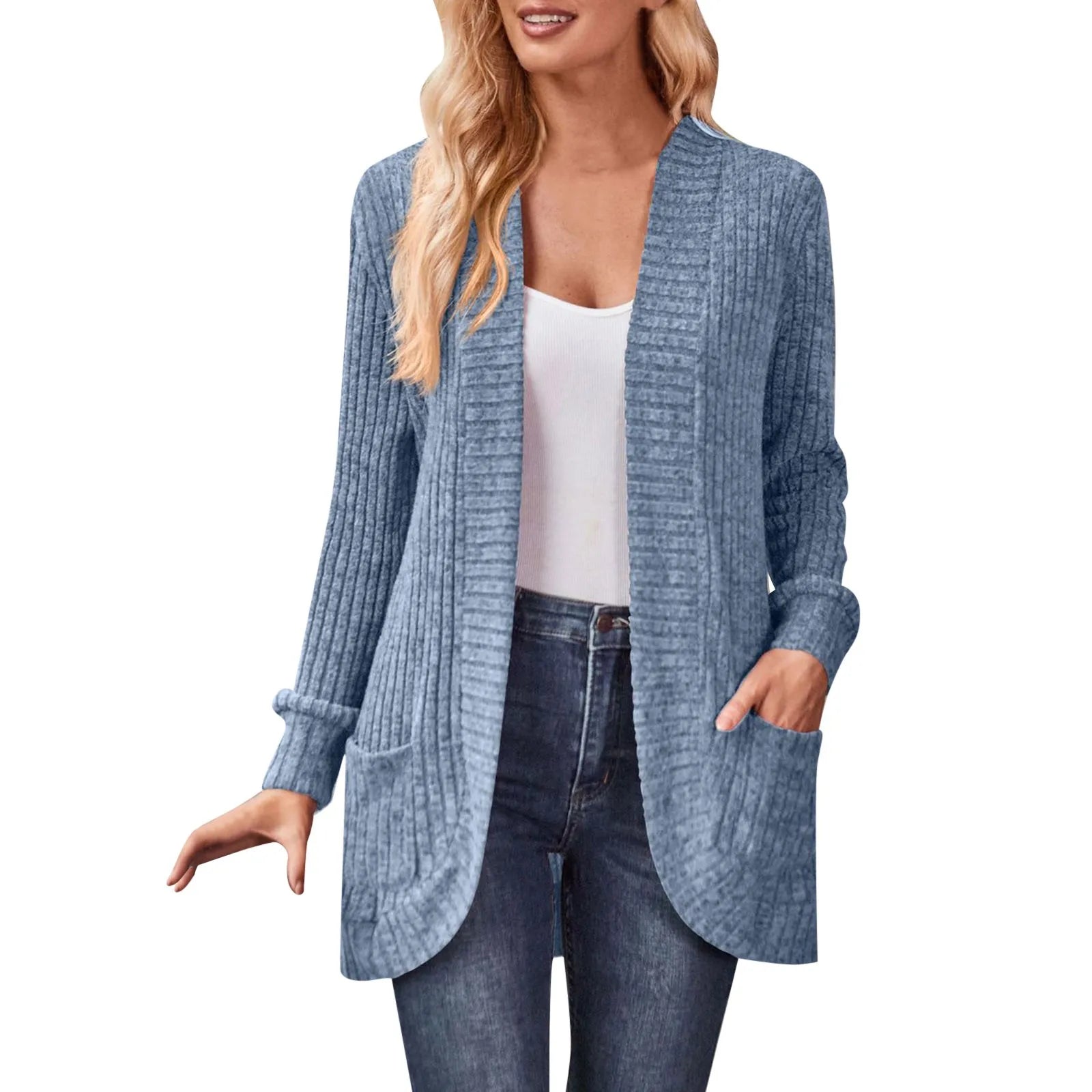 Cardigan Femme Ajouré Avec Poches – Ouvert Manches Longues Casual Automne