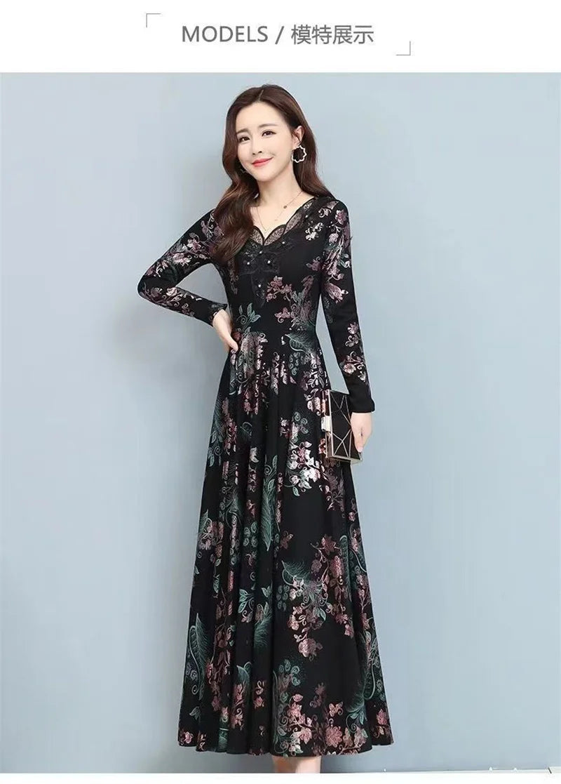 Spring Autumn New Women Dress Elegant Temperament Long A-Line Dress High End Fashion Lace Printed Beading Dresses Vestidos Mujer