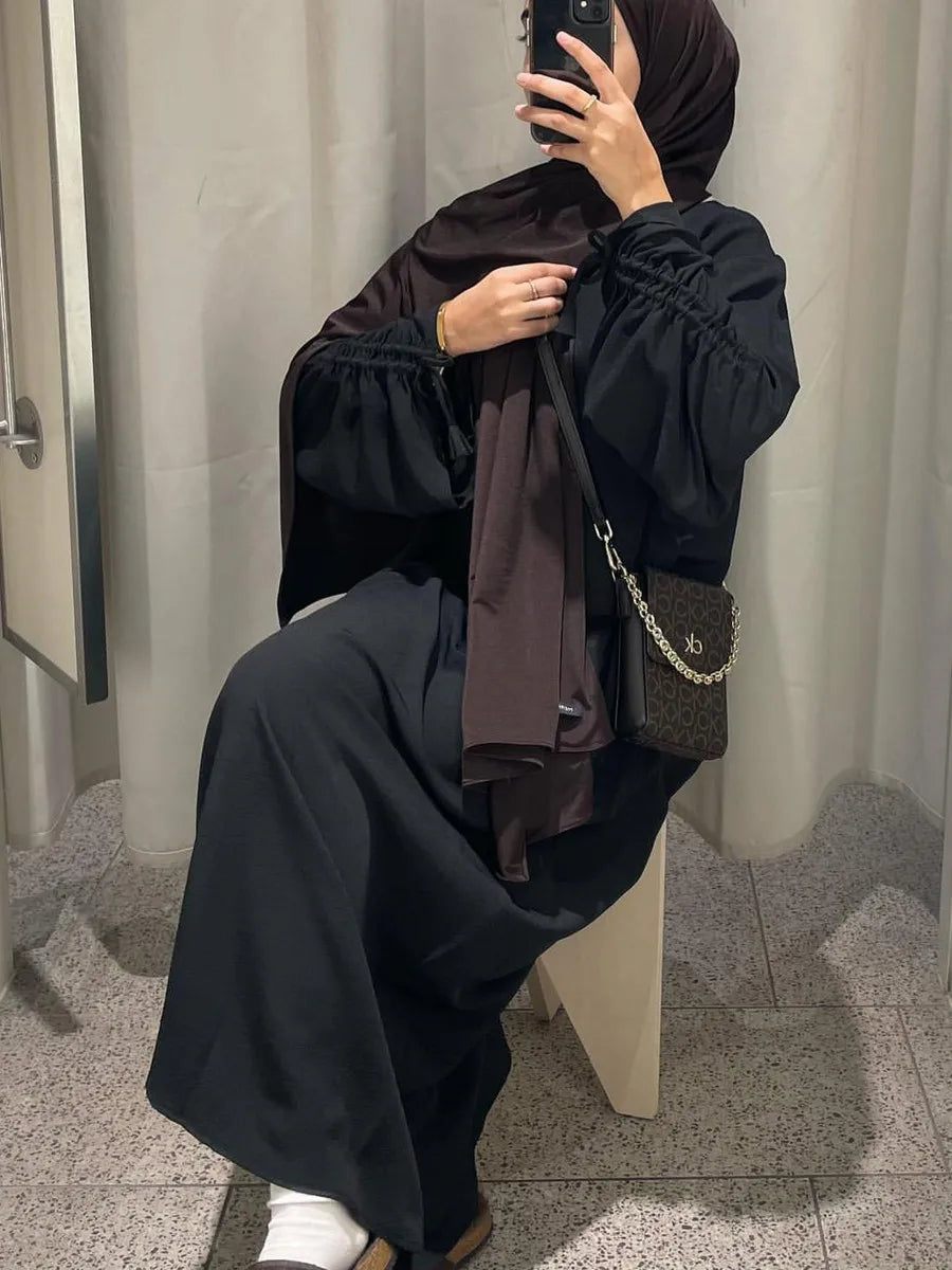 Vestidos Muslim Women Dubai Abaya Drawstring Sleeve Long Dress Kaftan Solid Modest Ramadan Robe Plus Size Femme Islamic Clothing