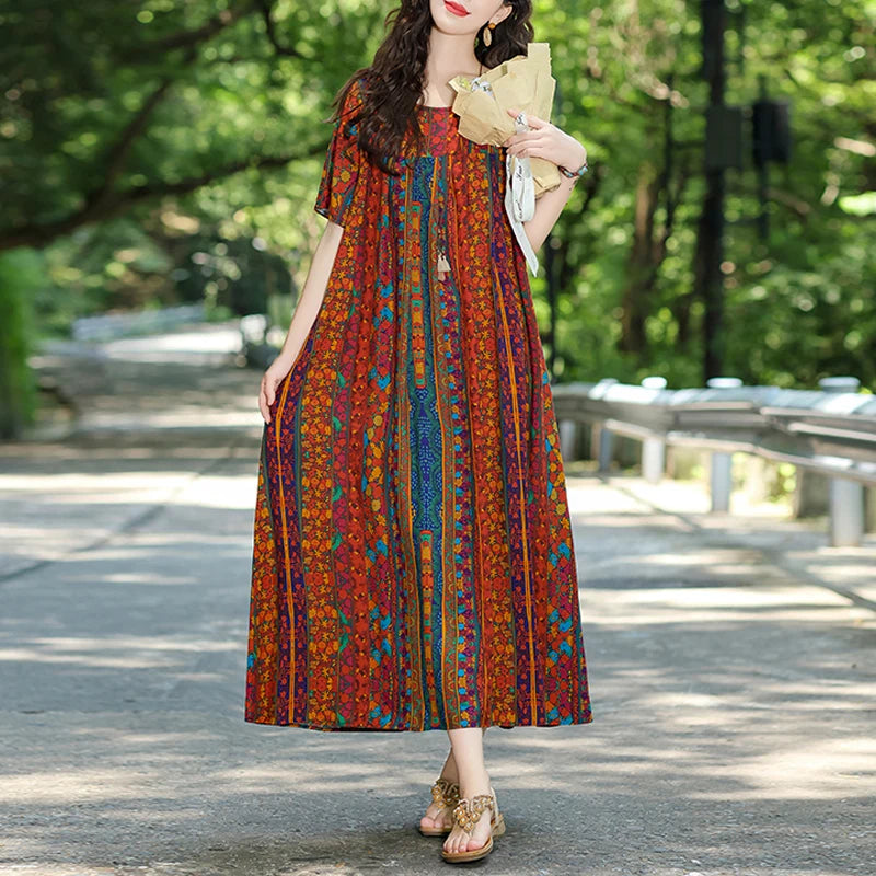 New Fashion Hot Summer Dresses For Women 2025 Casual Flower Print Floral Short Sleeve Dress Vintage Dress Loose Women Clothing