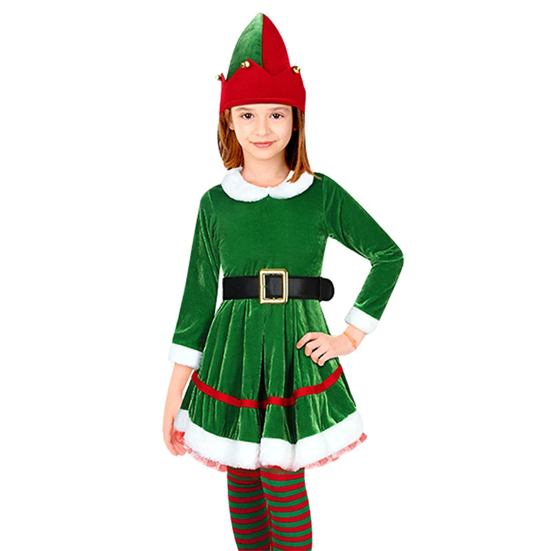 Enfant Christmas Elf Costume Set Velvet Dress Belt Striped High Socks Hat Shoes Xmas Outfit Santa Helper Fancy Dresses 2026