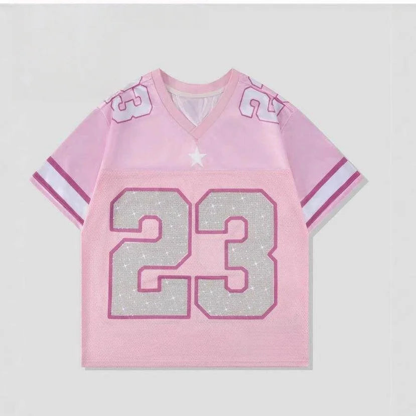 American Retro Jersey Style Digital Printed Short Sleeved Breathable Loose V-neck T-shirt Unisex High Street Top