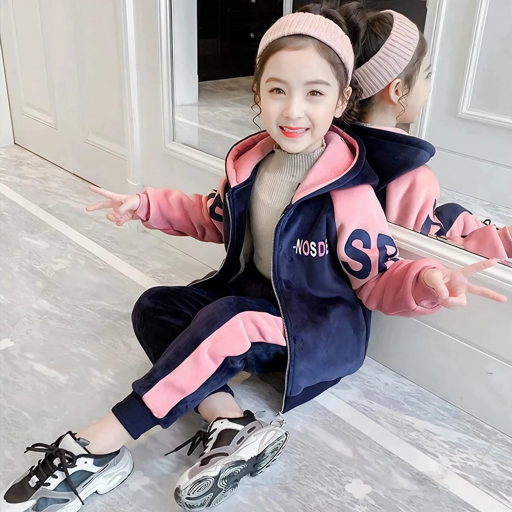 Kids Velvet Tracksuits,Cotton Jogging Suits,2-Piece Hooded Long Sleeve Sweatshirt + Pants Set,Girls Jacket,Casual Sports Wear
