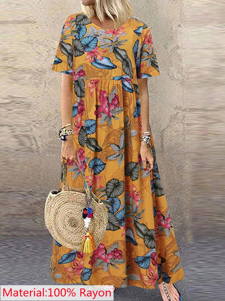2025 ZANZEA Bohemian Holiday Sundress Summer Women Vintage Floral Printed Short Sleeve Beach Dress Loose Long Vestido Robe Femme