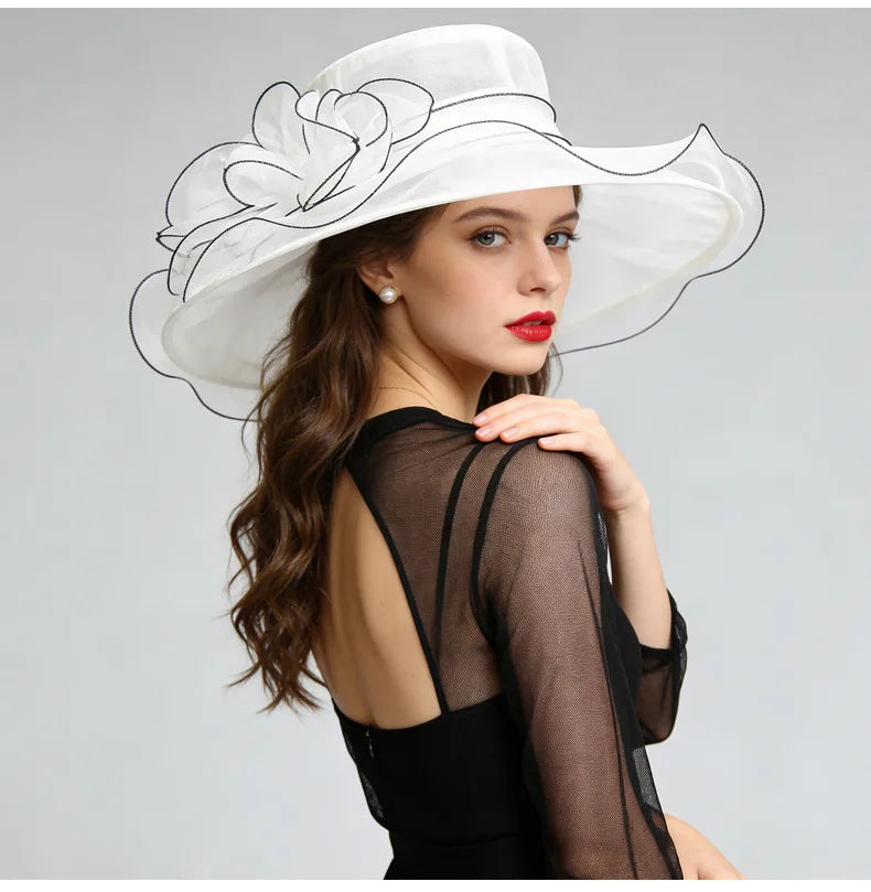  French Vintage Women Foldable Organza Church Derby Hat Ruffles Wide Brim Uv Protection Sun Hat  Ladies Outdoor Styling