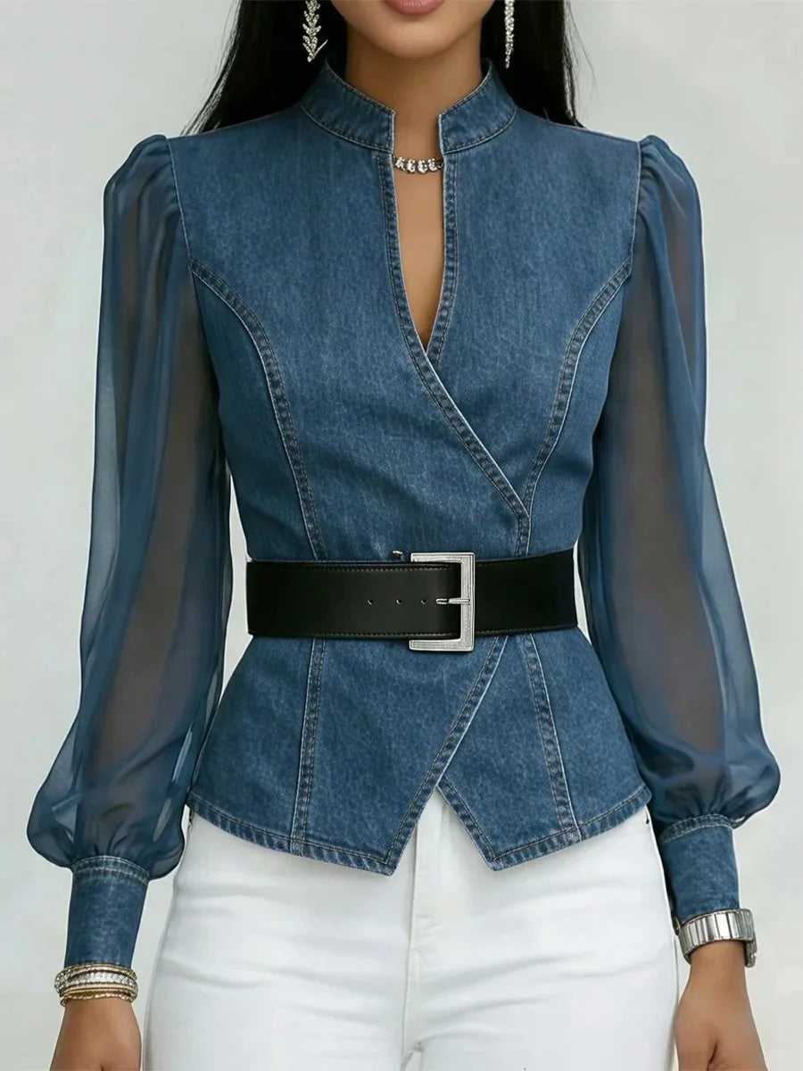 2026 New Women's Denim Express Summer and Autumn New V-Neck Lace Long Sleeve Top
