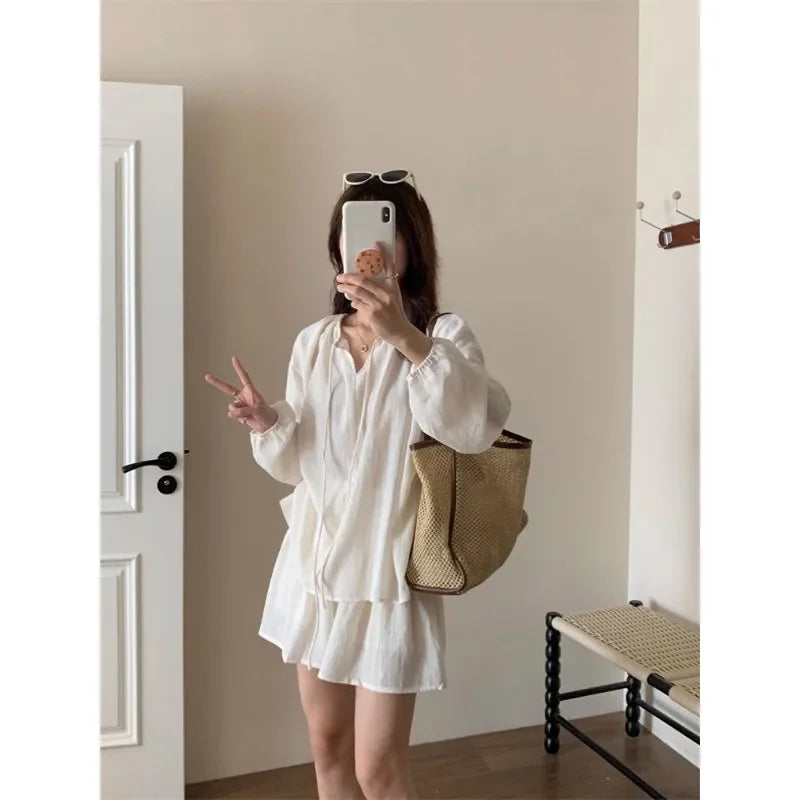 Plus-size Fashionable and Casual Women's Summer Outfit for Plus-size Loose Sunscreen Long-sleeved Top with Shorts Two-piece Set