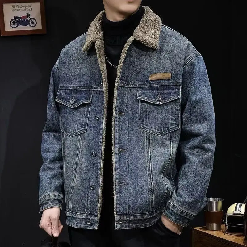 2026 Autumn and Winter Men's New Denim Jacket Fleece Thickened Retro Loose Casual Jacket