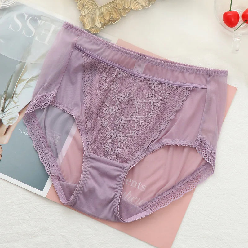 Women Transparent Lace Panties Large Sizes with High Waist Summer Sexy Mesh Hollow Out Briefs Women's Underwear Plus Size