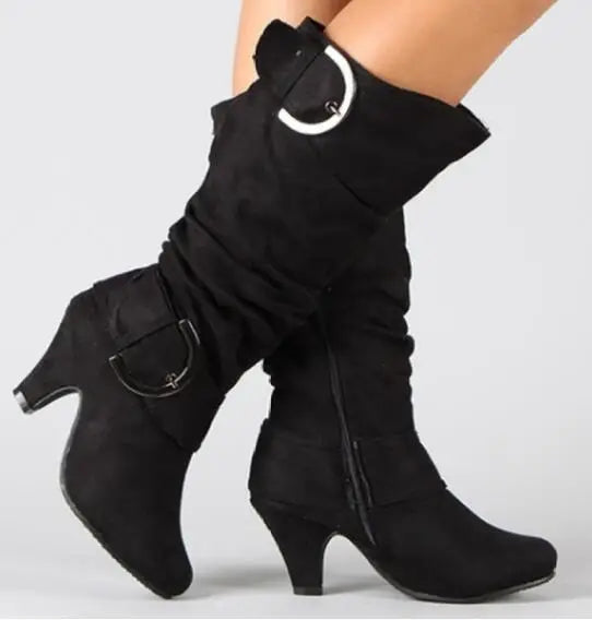 Bottes Cavalier Femme Velours Givré – Talon Aiguille Boucle Printemps Automne