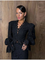 Elegant Solid Lace Ruffles Maxi Skirt Set Women Vintage Single Breasted Flared Sleeve V-neck Slim Blouse Suit Lady Party Outfits