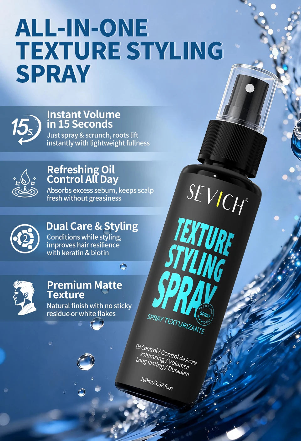 3 Secs Texture Styling Spray for Hair Men & Women,Adds Instant Volume, Texture, Thickness, & Light Hold Texturizing & Thickenin
