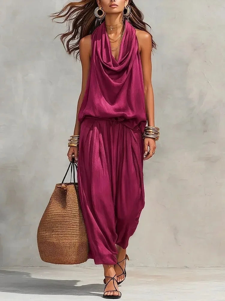 Women 2 Piece Outfit Pleated Collar Sleeveless Vest & Casual Pants Set Elegant High End Commuter Matching Suit European Style