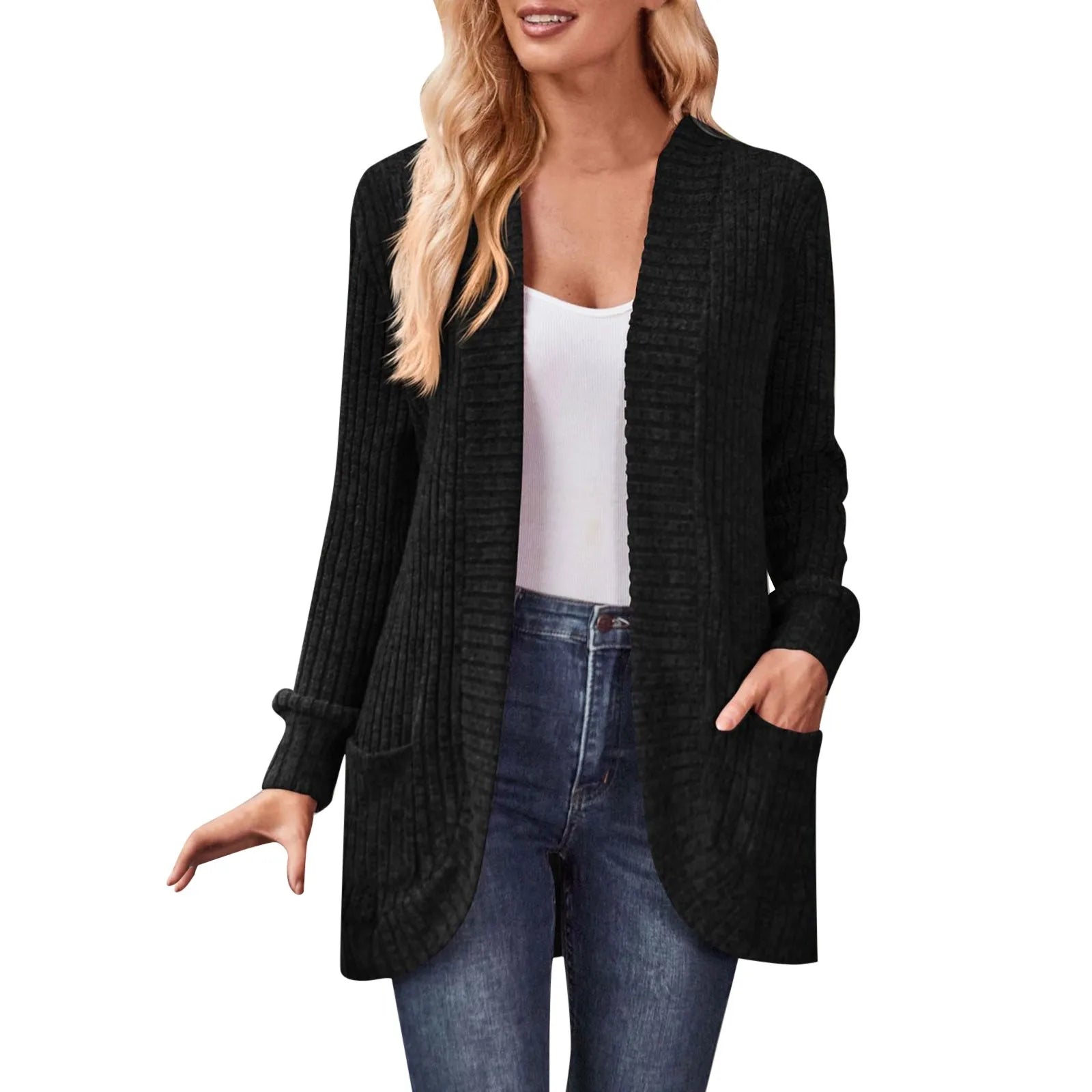 Cardigan Femme Ajouré Avec Poches – Ouvert Manches Longues Casual Automne