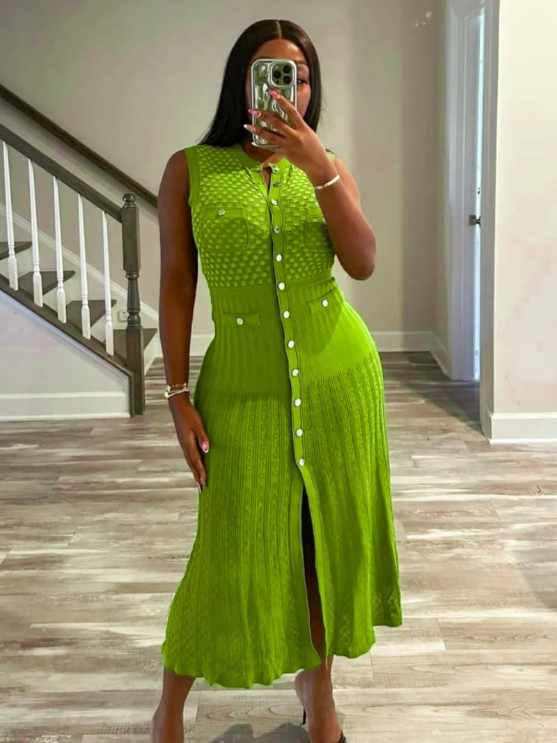 Fashion Knitted Dress Summer Clothes Women Sleeveless Single Breasted Bodycon Long Dresses Vacation Holiday Knitting Dress Robes