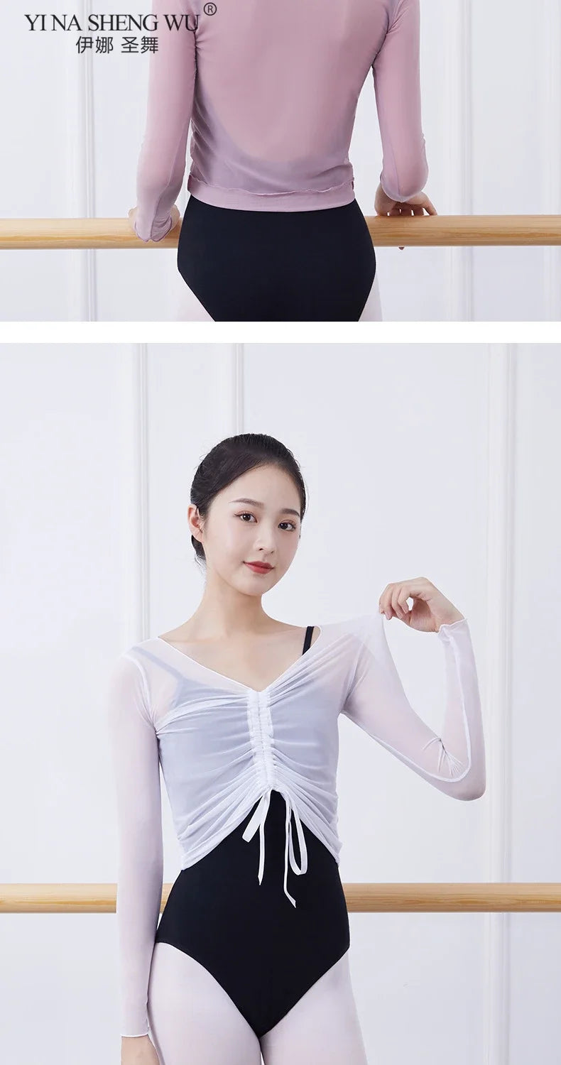 Ballet Adult Gymnastics Dance Top Long Sleeve Mesh Tops Women Transparent V Neck Drawstring Dancewear Practice Tops Costumes