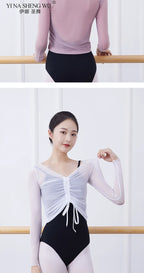 Ballet Adult Gymnastics Dance Top Long Sleeve Mesh Tops Women Transparent V Neck Drawstring Dancewear Practice Tops Costumes