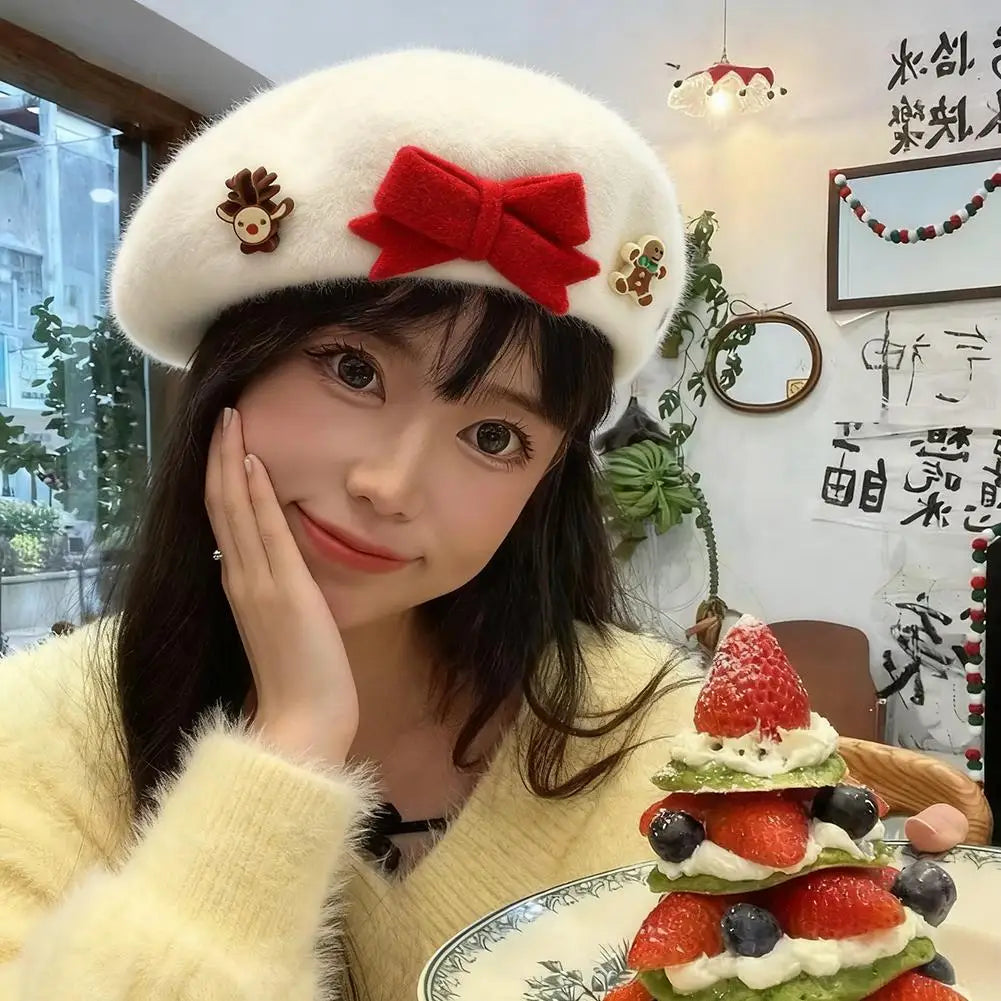 Fashion Christmas Beret Hat Red Green Sweet Christmas Beret Hat Wool Felt Dress Up Xmas Painter Hat New Year Gifts