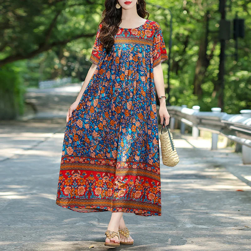 New Fashion Hot Summer Dresses For Women 2025 Casual Flower Print Floral Short Sleeve Dress Vintage Dress Loose Women Clothing