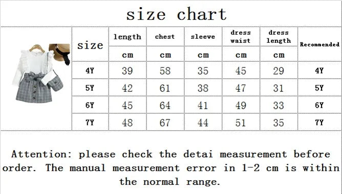 4-7Y Children Girls Clothing Outfit Solid Color Long Sleeve Ruffle Tops+Plaid Skirt With Belt+Bag Kids Girl Costume 3Pcs Set