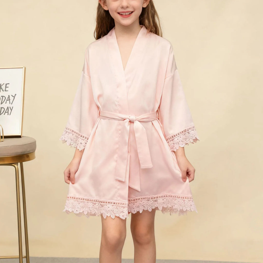 Children's Ice Silk Pajama Robe Solid Color Matte Lace Morning Robe Pajama Smooth Soft Comfortable Casual Child Sleeping Robe