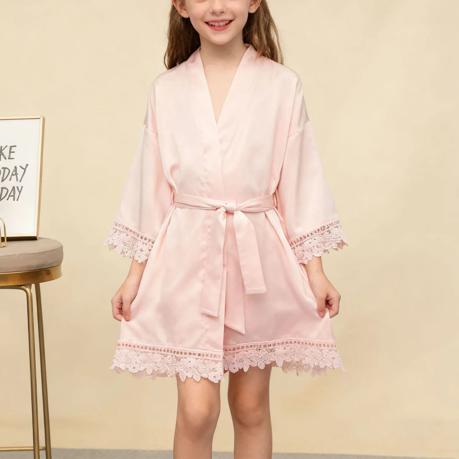 Children's Ice Silk Pajama Robe Solid Color Matte Lace Morning Robe Pajama Smooth Soft Comfortable Casual Child Sleeping Robe