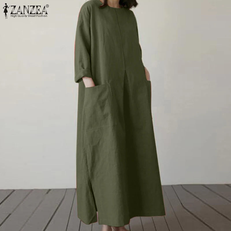 2024 ZANZEA Fashion Summer Vintage Women Solid 3/4 Sleeve Sundress Baggy Loose Casual Dress Oversize Vestidos Kaftan Robe Femme