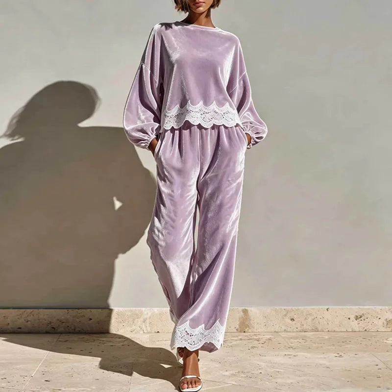 Round Neck Velvet Set Women Balloon Long Sleeve Scallop Lace Hem Top & Wide Leg Pants Suit Elegant Casual Holiday 2 Piece Outfit