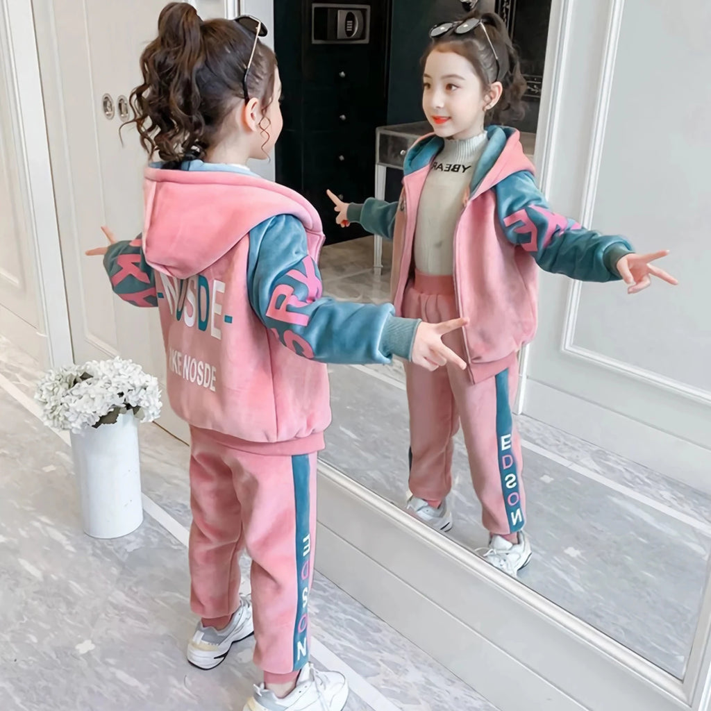 Kids Velvet Tracksuits,Cotton Jogging Suits,2-Piece Hooded Long Sleeve Sweatshirt + Pants Set,Girls Jacket,Casual Sports Wear