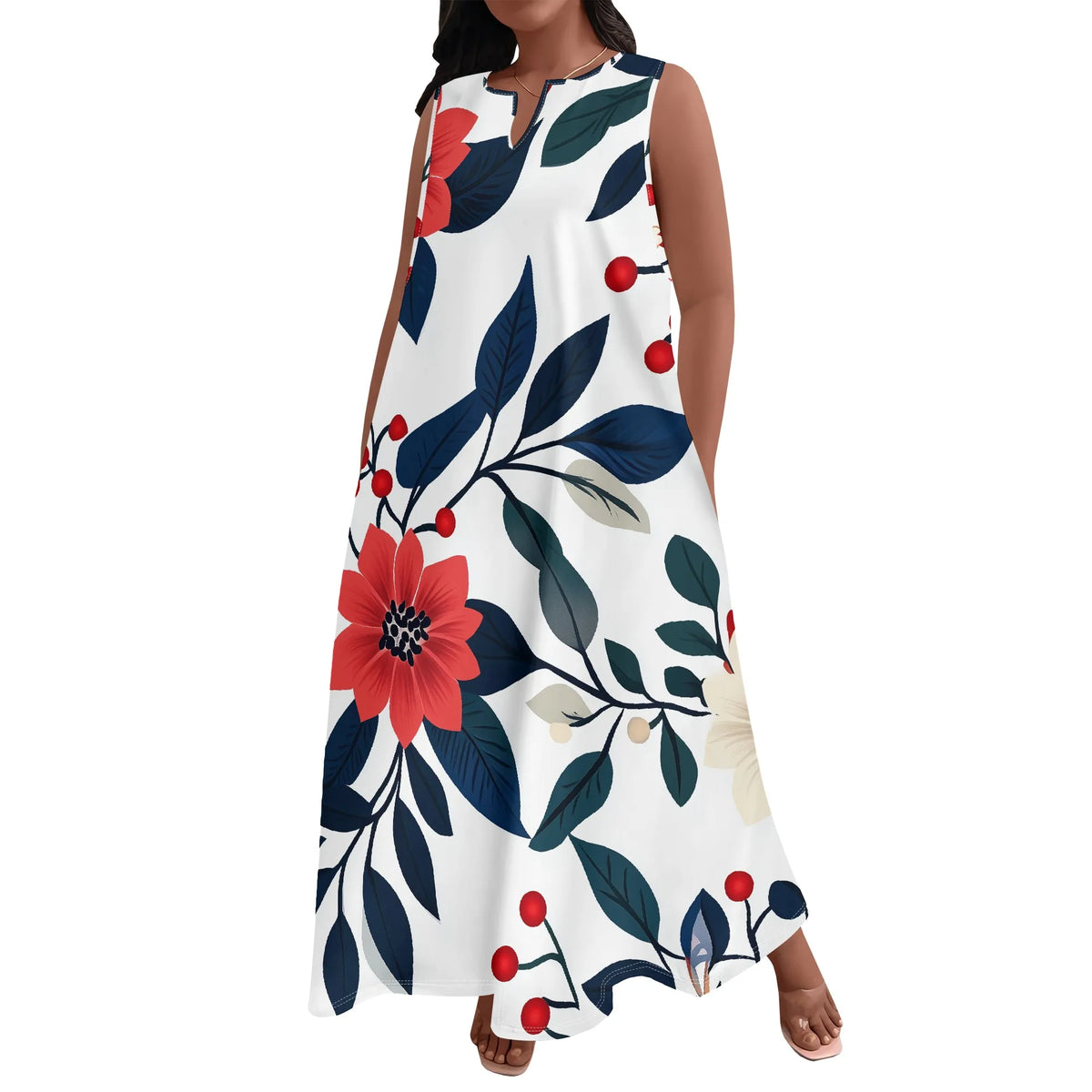 Plus Size Women's  Summerl Fashion Printed  African Style Sleeveless Round V Neck Dress Loose And Casual Dress