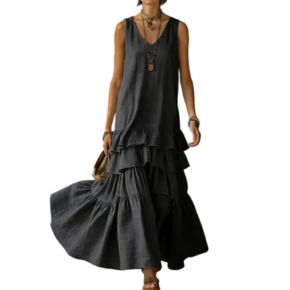 Plus Size Summer Dress Spring Solid Color Women's Loose V-neck Large Skirt Sleeveless Ruffle Edge Travel Dresses Sundress