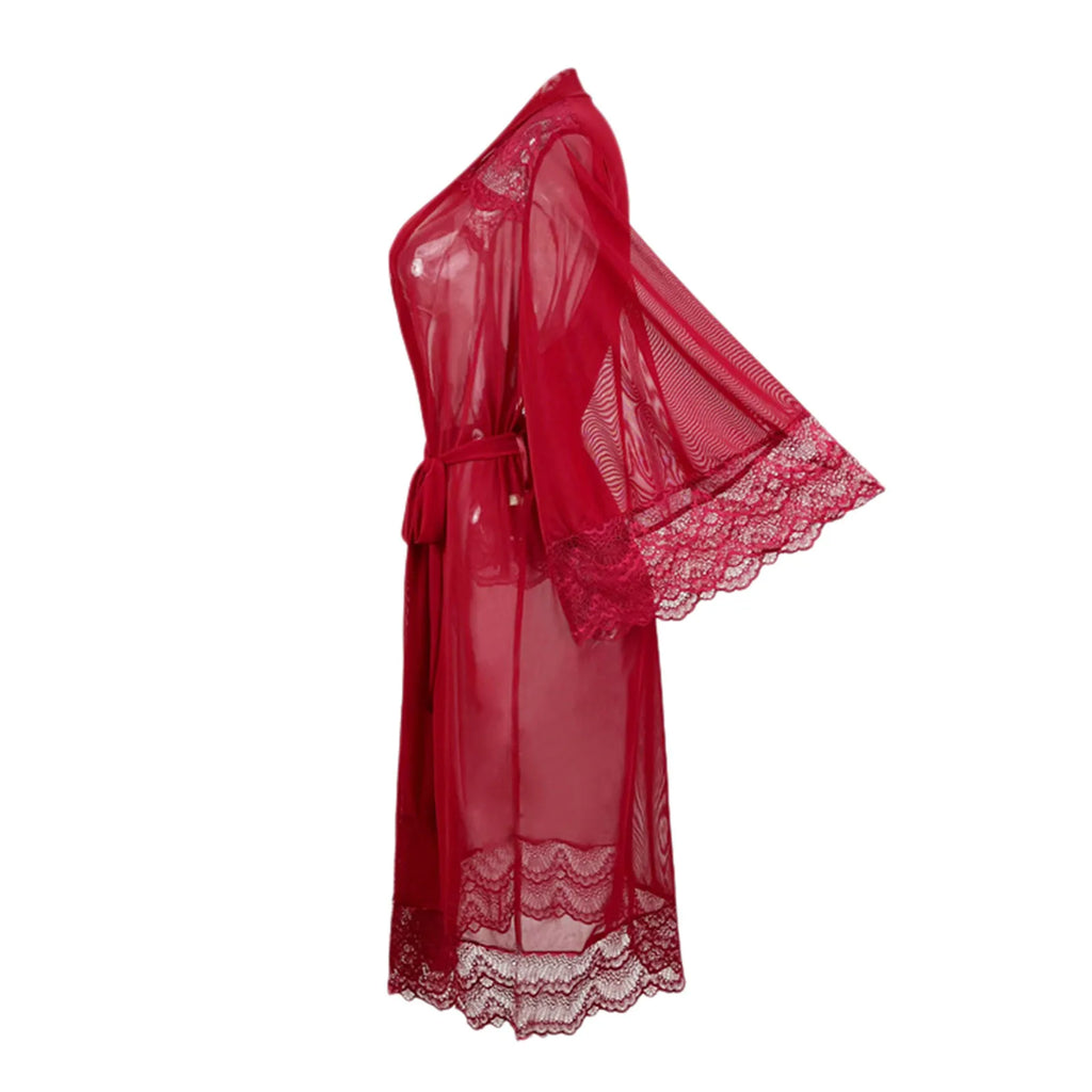 Red Women Lace Gown Sexy Wedding Bathrobe Underwear Wear Ladies Mesh Nightwear Home Dress Comfort Loungewear