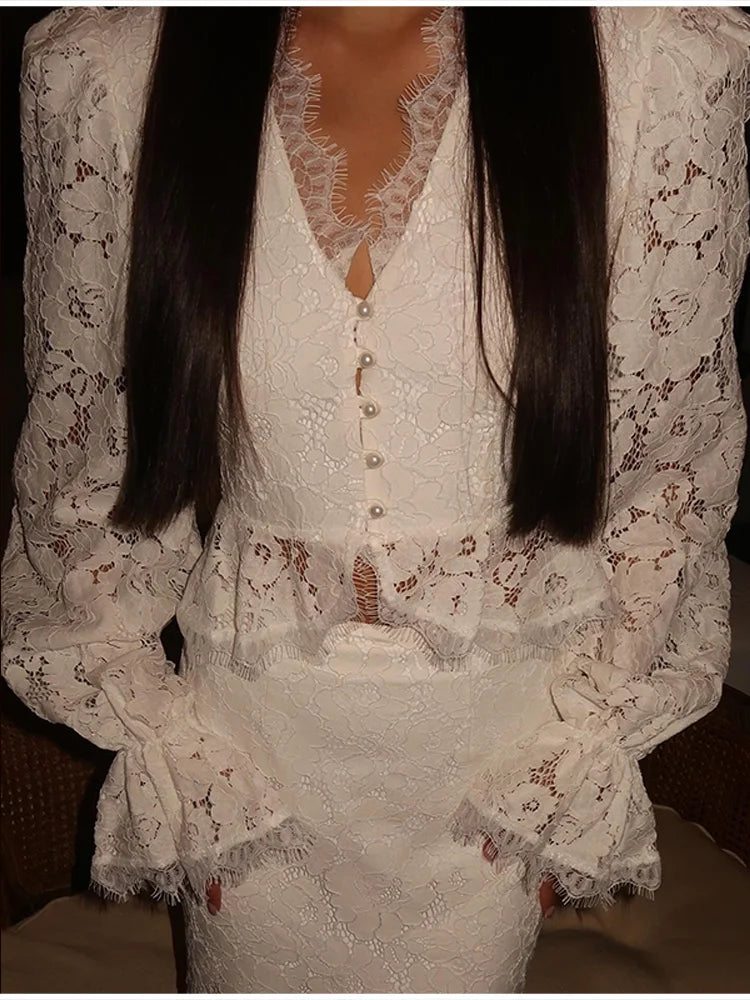 Elegant Solid Lace Ruffles Maxi Skirt Set Women Vintage Single Breasted Flared Sleeve V-neck Slim Blouse Suit Lady Party Outfits