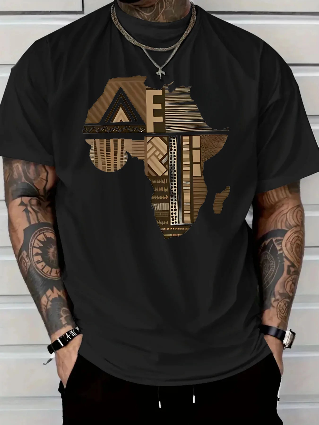 Men'S Plus Size White T-Shirt with Africa-Inspired Golden Print -  Comfort Fit Lightweight Breathable