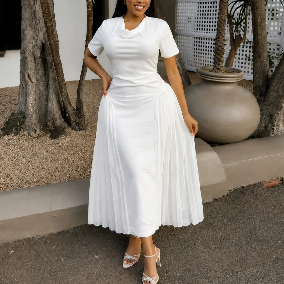 Vestido De Noche Elegante Mujer Sleeveless Round Neck Vest Long Pleated Dress Spring Summer Womens New Solid Color Evening Dress