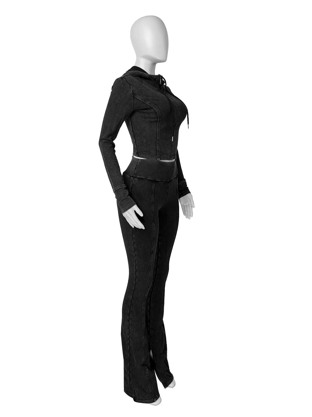 Ensemble 2 Pièces Femme – Veste À Capuche + Pantalon Évasé Taille Haute Sport