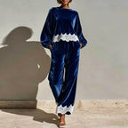 Round Neck Velvet Set Women Balloon Long Sleeve Scallop Lace Hem Top & Wide Leg Pants Suit Elegant Casual Holiday 2 Piece Outfit